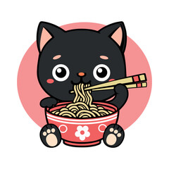 Cute Black Cat Eating Ramen cartoon vector illustration. Food Logo Concept Isolated Vector. Flat cartoon icon vector.