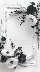 Copy space Floral invitation Card design, greeting cards elegant wonderful 3d  style. black and white flower with white background, space for text.