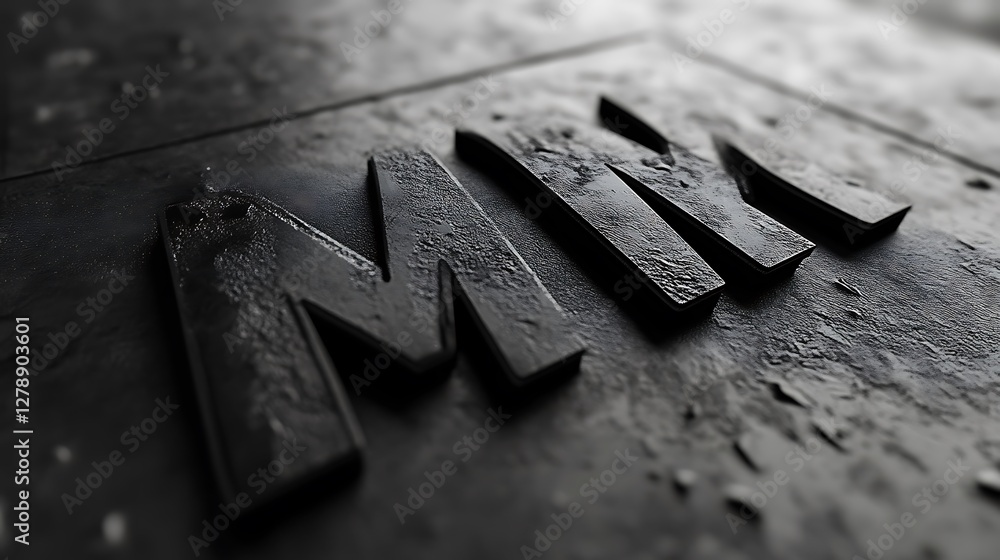 Poster shiny black letters on a rough surface, close-up detail of 3d render, macro view