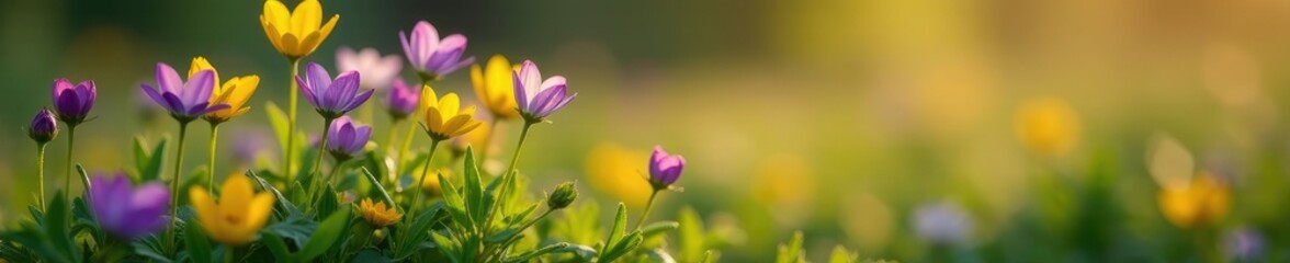 Obraz premium Small yellow and purple striped flowers blooming in the wild, nature, wild