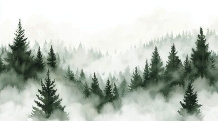 Watercolor Landscape of a Misty Forest Hill