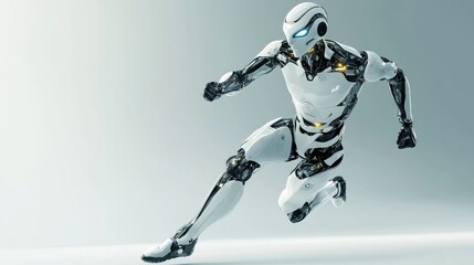 Futuristic robot running, dynamic pose, white and black metallic body, advanced technology.