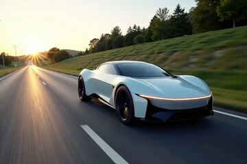 Futuristic car driving on an open road during sunset with a scenic background.