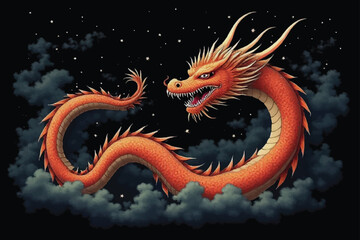 Fototapeta premium Powerful angry Japanese dragon colorful kid art for printing and decoration and other crate. objects, icon, concept, concept strong, long, tail, long tail, novel, snake, black, black background.