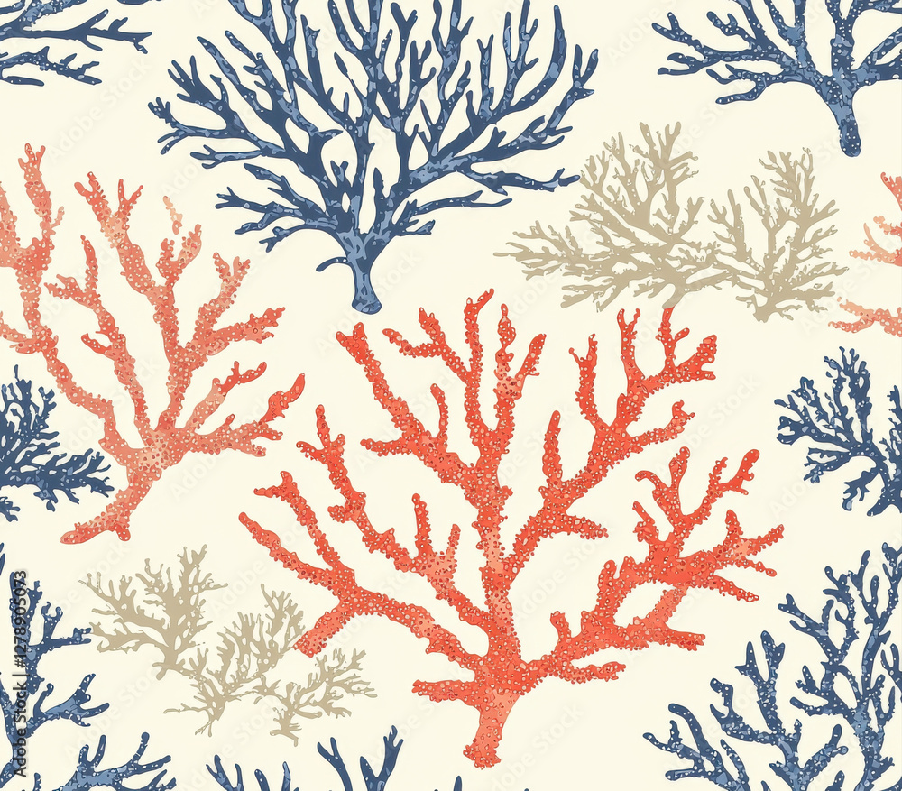 Poster coral patterns in vibrant colors on light background create lively design, seamless pattern style.