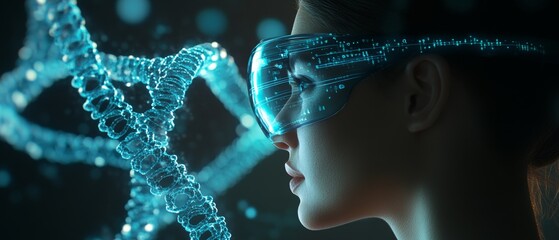 A woman wearing futuristic virtual reality glasses examines glowing digital DNA strands floating in mid-air, symbolizing advanced biotechnology.