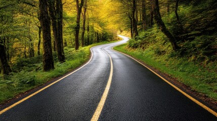 Fototapeta premium A winding road meanders through a dense, serene forest, surrounded by lush greenery and tall trees, inviting exploration and adventure.