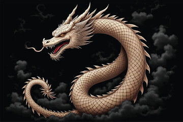 Fototapeta premium Powerful angry Japanese dragon colorful kid art for printing and decoration and other crate. objects, icon, concept, concept strong, long, tail, long tail, novel, snake, black, black background.