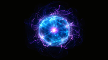 Obraz premium Ilustración abstracta de esfera energética azul y violeta en fondo negro