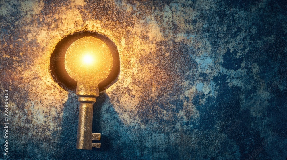 Aufkleber glowing key illuminating a rusty metal surface with a keyhole in a dimly lit environment
