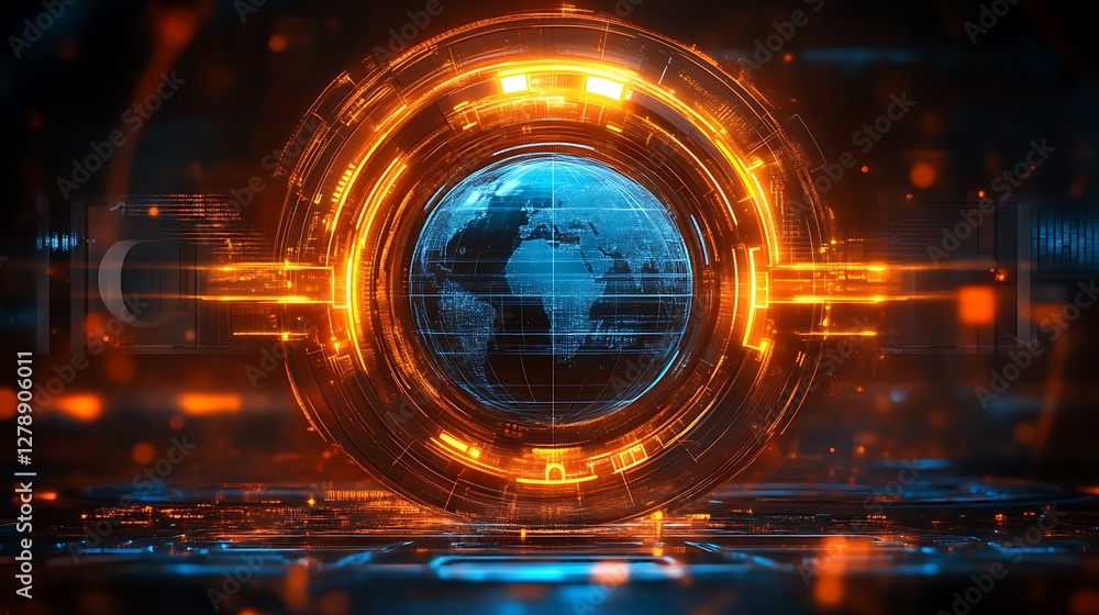 Poster abstract depiction of the earth enclosed in a glowing circular technological interface