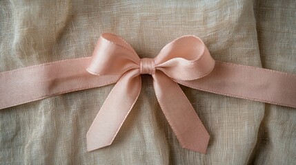 A flat lay of a pink ribbon bow on a neutral-colored fabric. 