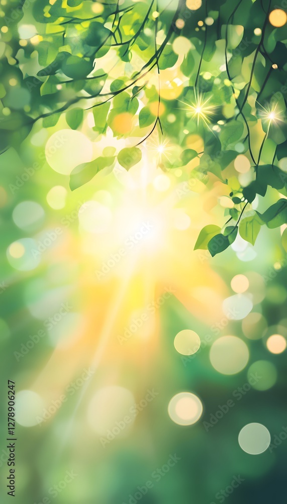 Poster sunlight streams through verdant leaves creating a bokeh effect