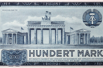 Brandenburg Gate in Berlin from old East German money