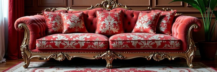 Luxurious red sofa with floral patterns, perfect for elegant home decor.