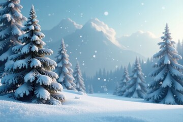 Fototapeta premium Softly falling snowflakes on a serene winter landscape with snow-covered fir trees, peaceful, frosty, snowy