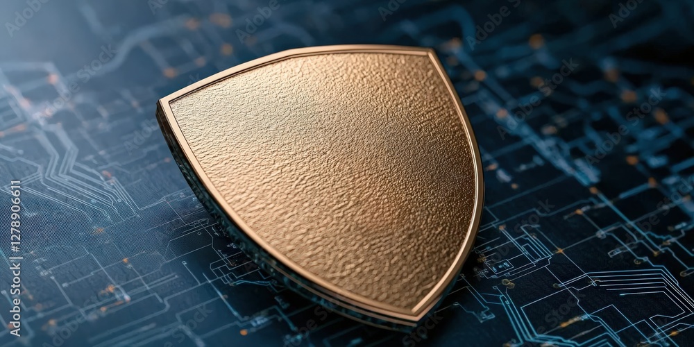 Poster cyber security surveillance security policy concept. golden shield icon on a digital background repr