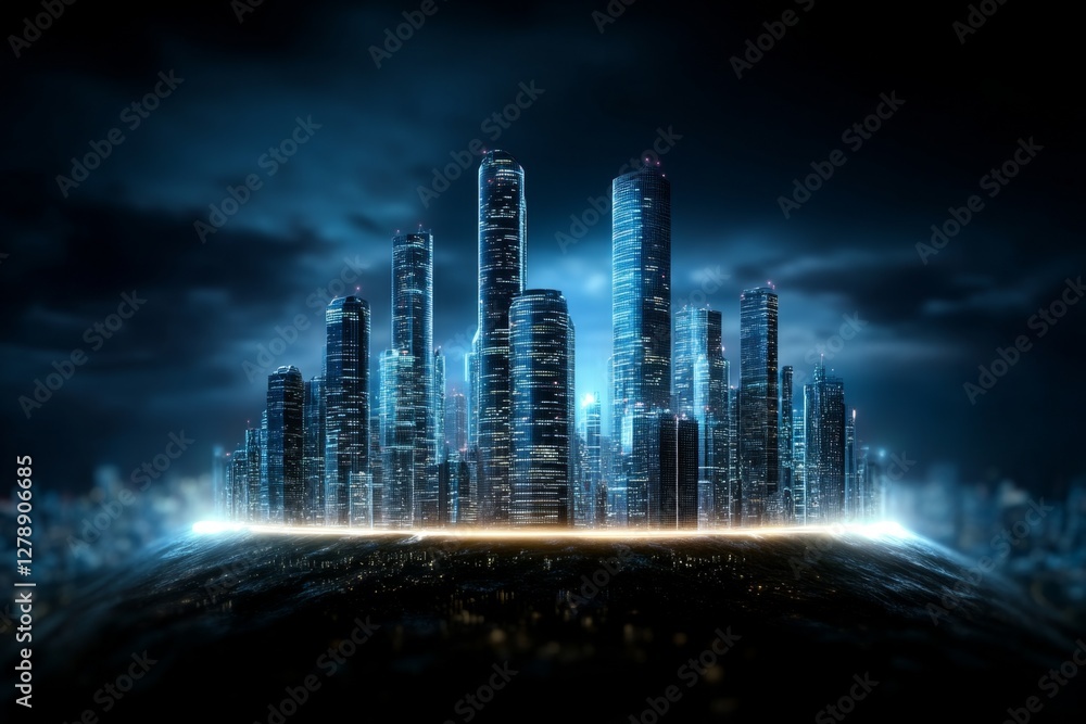 Aufkleber A futuristic city skyline with abstract data visualizations and glowing elements representing technology and analytics