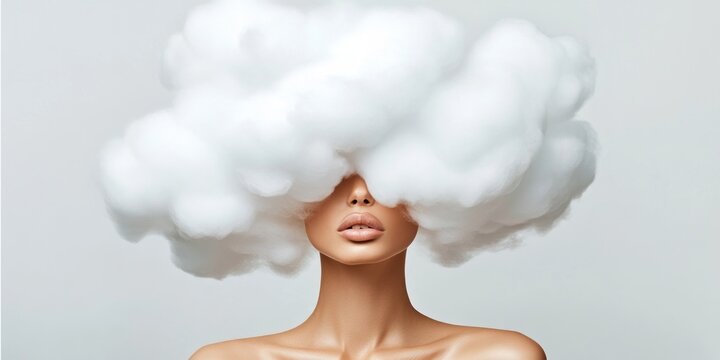 A woman is portrayed with a unique hairstyle resembling clouds, emphasizing the creative aspects of hair care and modern styling techniques in a minimalist setting