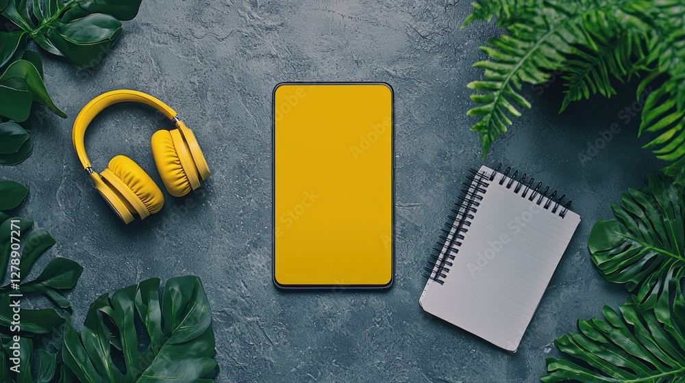 Poster a flat lay of headphones, a smartphone, and a notepad on a textured surface