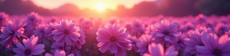 Soft pink hues illuminate a sea of purple flowers, nature, sunrise, blooming