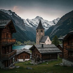 Fototapeta premium A Hidden Gem in the Swiss Alps: Wooden Chalets, Alpine Views, and a Striking Church Tower.