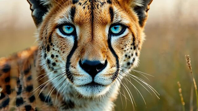 Cheetah's Intense Gaze: An alluring cheetah fixated on the viewer with piercing blue eyes, revealing its striking spotted coat against a beautiful blurred background.