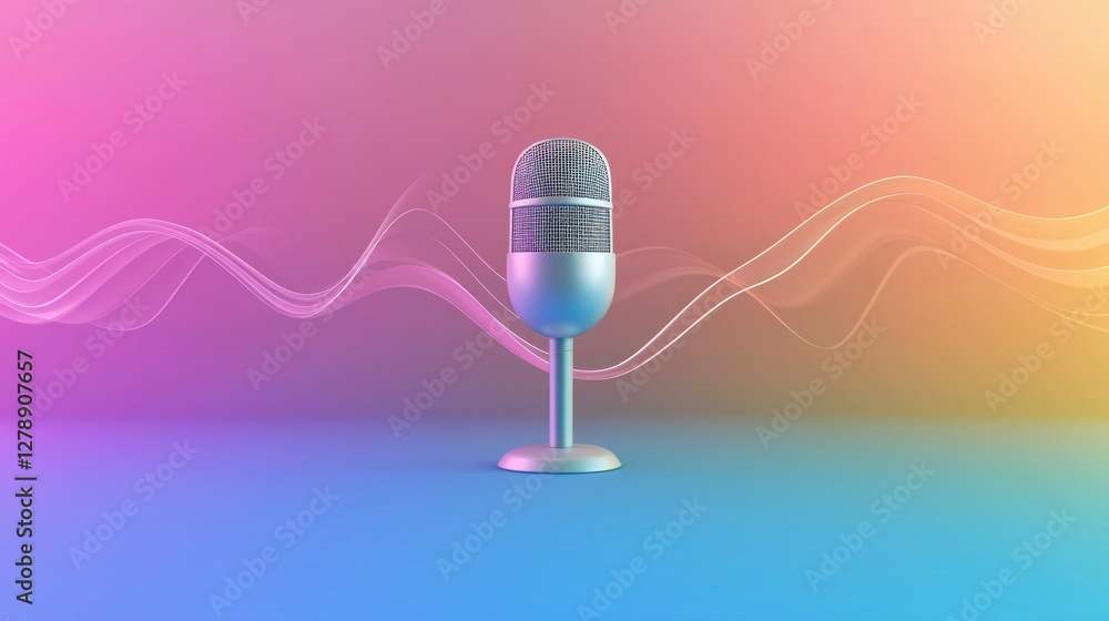 Poster a flat podcast icon with a microphone and sound waves, set on a vibrant gradient background.