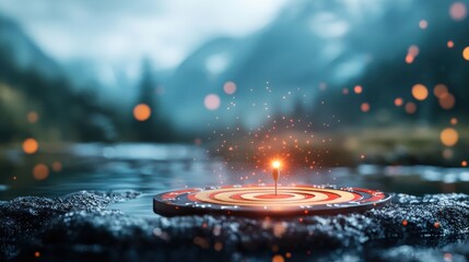 A dart precisely striking the glowing center of an illuminated target board, symbolizing accuracy, skill, and victory in a competitive game or sport.