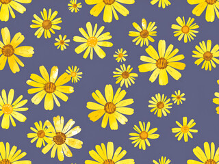 Floral Seamless Pattern of Yellow Daisies on Purple Background