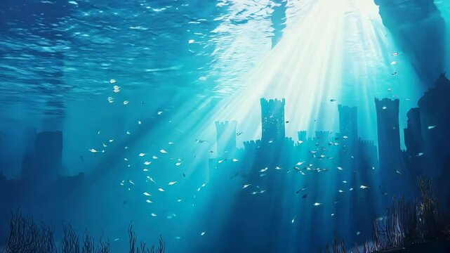 Underwater Castle Ruins In Blue Ocean With Sunlight
