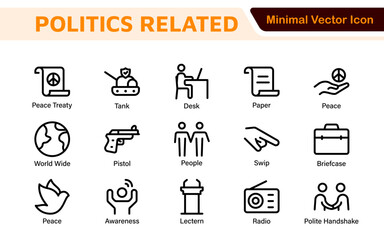 Politics Icon Set: A comprehensive collection of icons representing political themes, perfect for enhancing campaign materials, educational resources, and civic engagement initiatives.