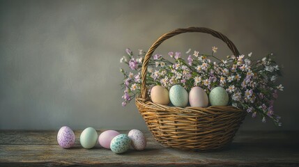 Artistic Still Life of Easter Basket Overflowing with Colorful Eggs
