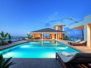 Fototapeta premium Tranquil Poolside Oasis with Lounge Chair and Table Surrounded by Lush Greenery and Blue Sky