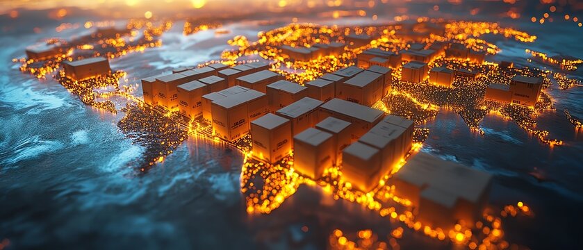 A conceptual image of cardboard boxes moving across an illuminated globe