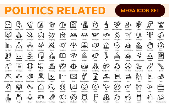 Politics Icon Set: A comprehensive collection of icons representing political themes, perfect for enhancing campaign materials, educational resources, and civic engagement initiatives.