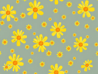 Seamless Yellow Daisy Pattern on Green Background