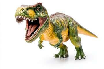 Obraz premium A green and yellow toy dinosaur with an open mouth It is a tyrannosaurus rex on a white background