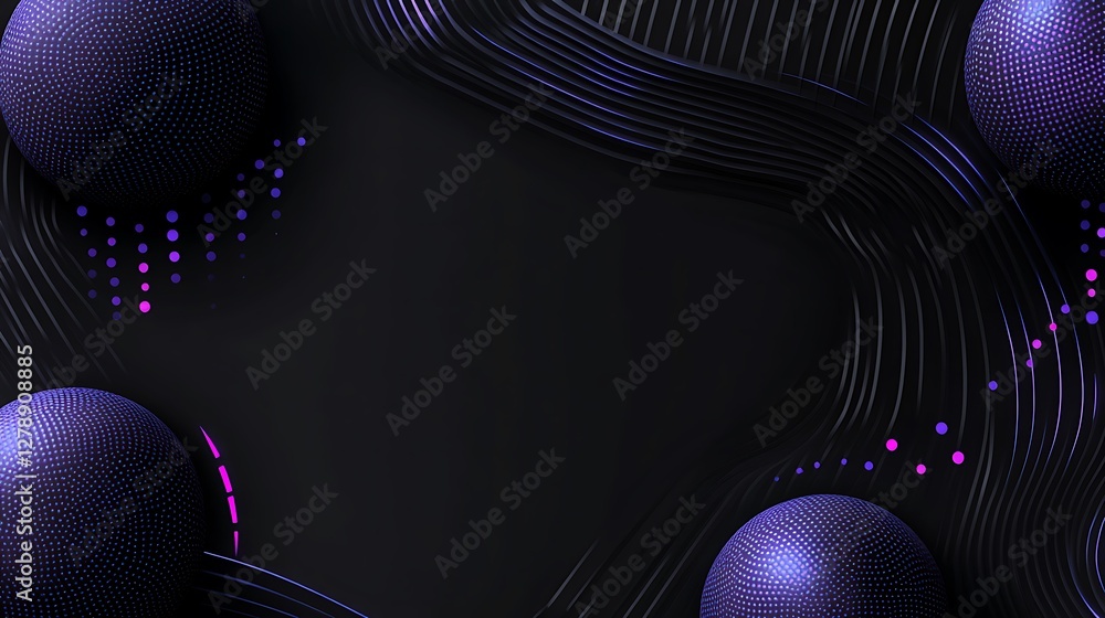 Poster abstract composition features textured spheres and curving lines on black background