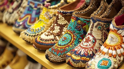 Detailed Beaded Moccasin Boots On Display. Unique Craftwork Showcases Intricate Patterns. Cultural Fashion With Native-Inspired Artistry.