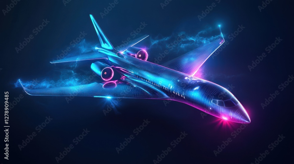 Poster a futuristic 3d airplane design with advanced aerodynamics and glowing accents.