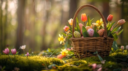 Wicker Basket of Pastel Easter Eggs and Spring Flowers in a Forest Scene