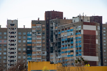 Residential building destroyed and burnt by missile attack of Russia making war in Ukraine, Kyiv