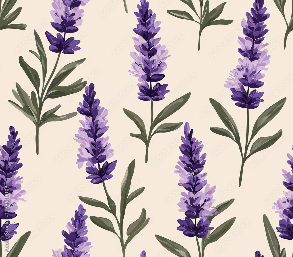 Poster soft lavender sprigs with green leaves on light background create calming pattern, seamless pattern 