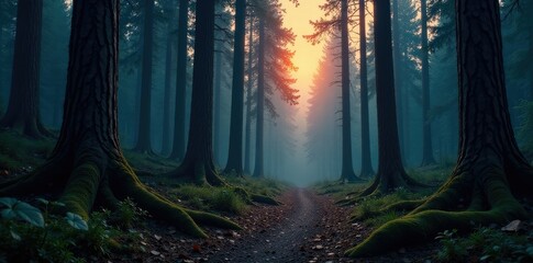 Fototapeta premium Towering dead trees surround a dimly lit forest floor, fallen wood, nature