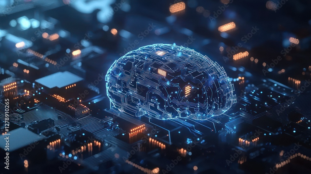 Aufkleber A futuristic 3D brain connected to digital circuits, symbolizing artificial intelligence.
