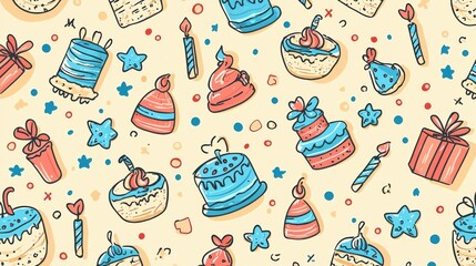Colorful Celebration Pattern with Cakes, Candles, and Gifts