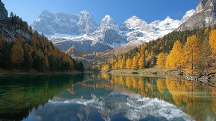 Fototapeta premium Stunning mountain peaks mirror in a serene lake, creating a captivating natural landscape that showcases the beauty of the outdoors.