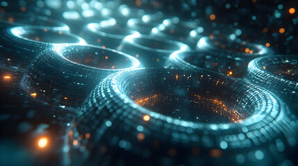 Abstract Rings with Glowing Particle Array on a Dark Blue Background