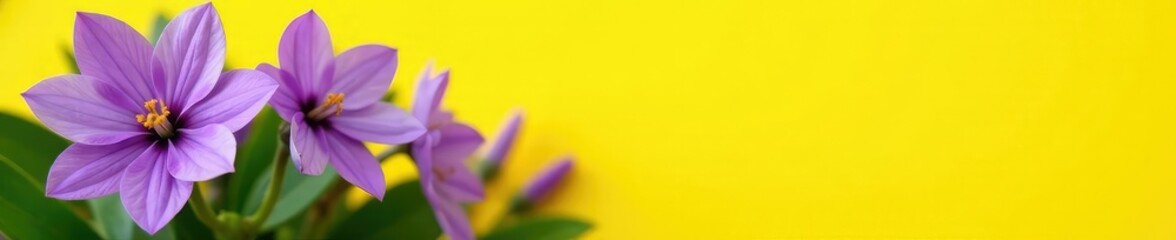 Fototapeta premium Violet flowers in full bloom against a bright yellow background with dark green leaves, nature, spring